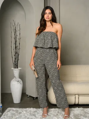 WOMEN'S SLEEVELES OFF SHOULDER FLORAL RUFFLE JUMPSUIT