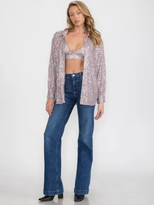 WOMEN'S SLEEVELESS BRALETTE & LONG SLEEVE BUTTON UP SEQUINS BLOUSE 2PC SET