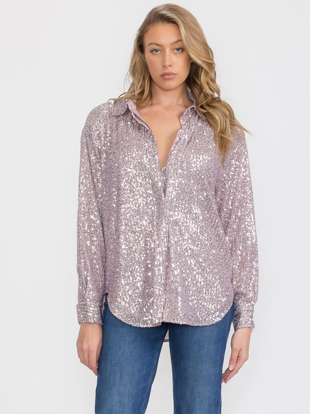 WOMEN'S SLEEVELESS BRALETTE & LONG SLEEVE BUTTON UP SEQUINS BLOUSE 2PC SET