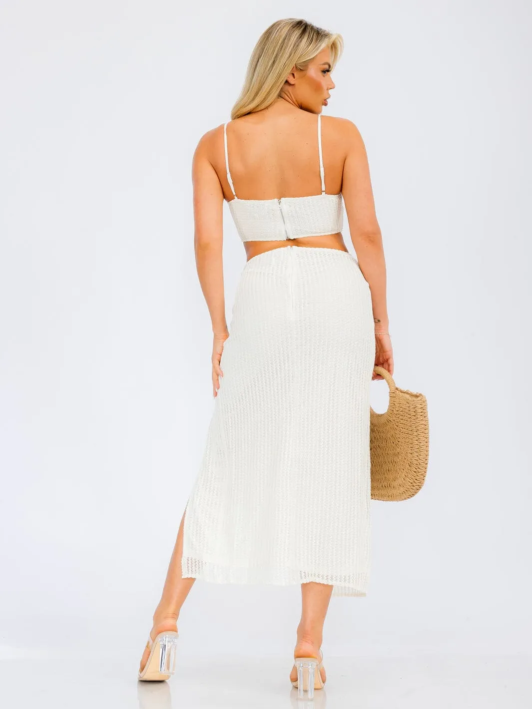 WOMEN'S SLEEVELESS CROP TOP & ZIP UP SIDE SLIT MAXI SKIRT KNIT 2 PC. SET