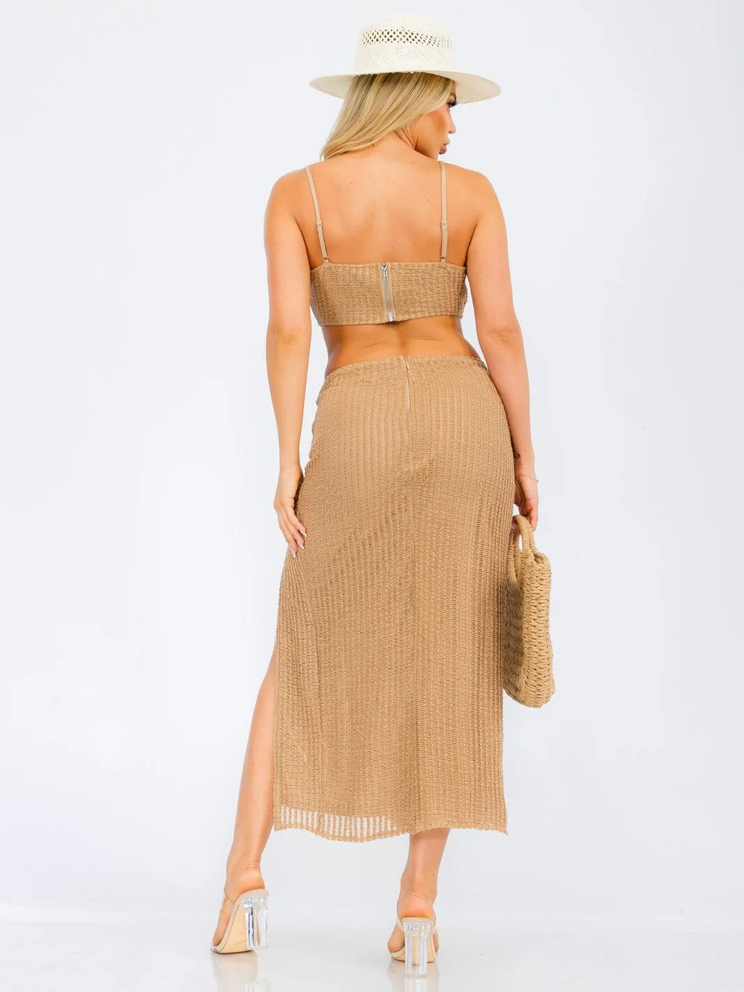 WOMEN'S SLEEVELESS CROP TOP & ZIP UP SIDE SLIT MAXI SKIRT KNIT 2 PC. SET