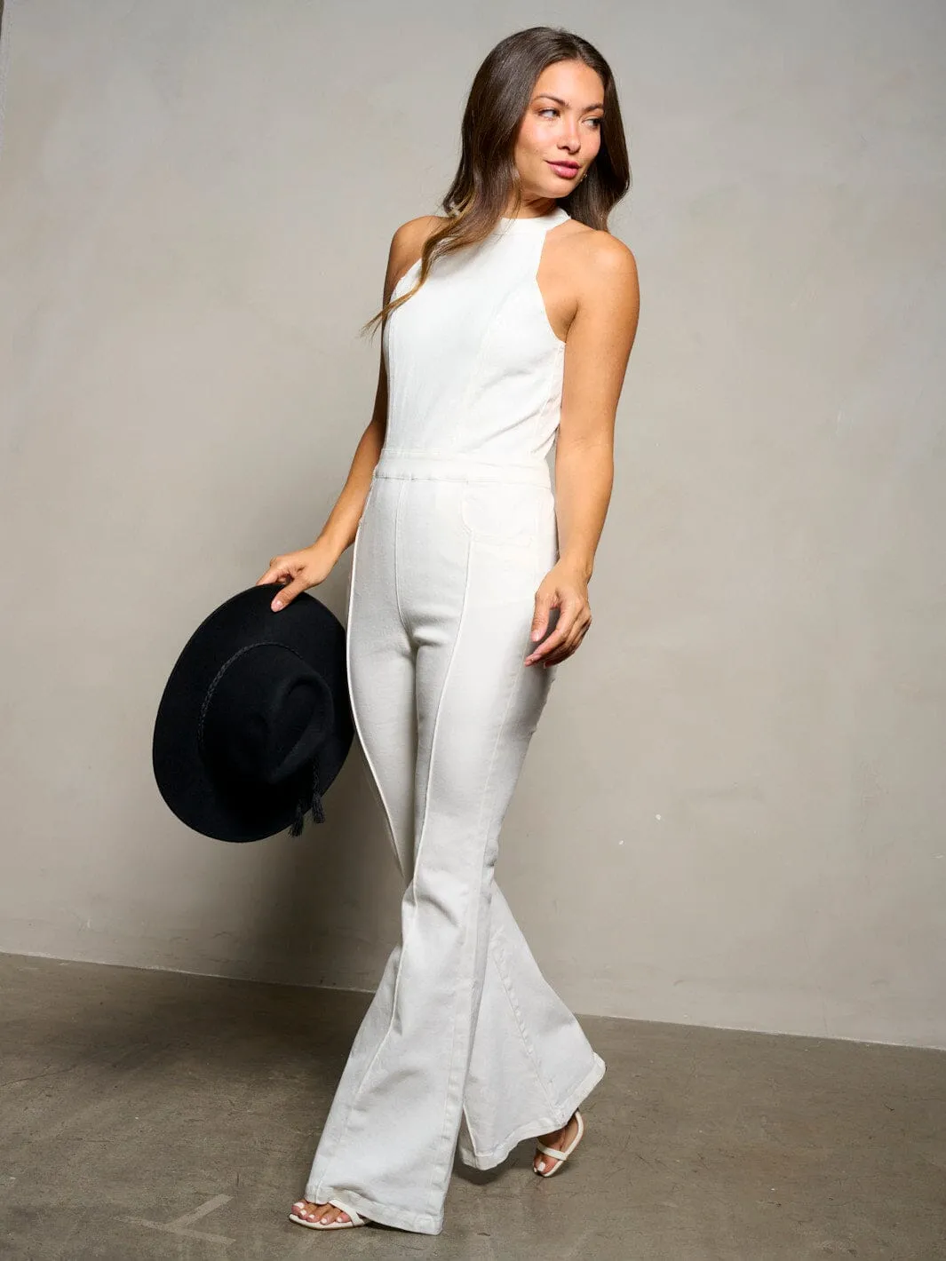 WOMEN'S SLEEVELESS HALTER NECK POCKETS BELL LEGS JUMPSUIT