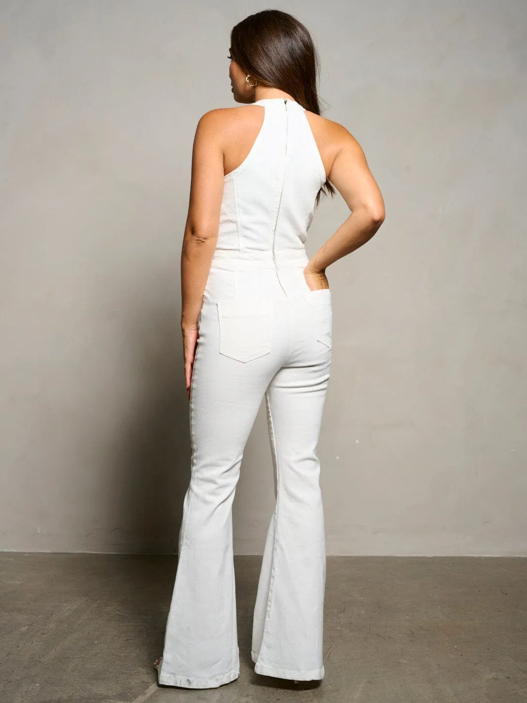 WOMEN'S SLEEVELESS HALTER NECK POCKETS BELL LEGS JUMPSUIT