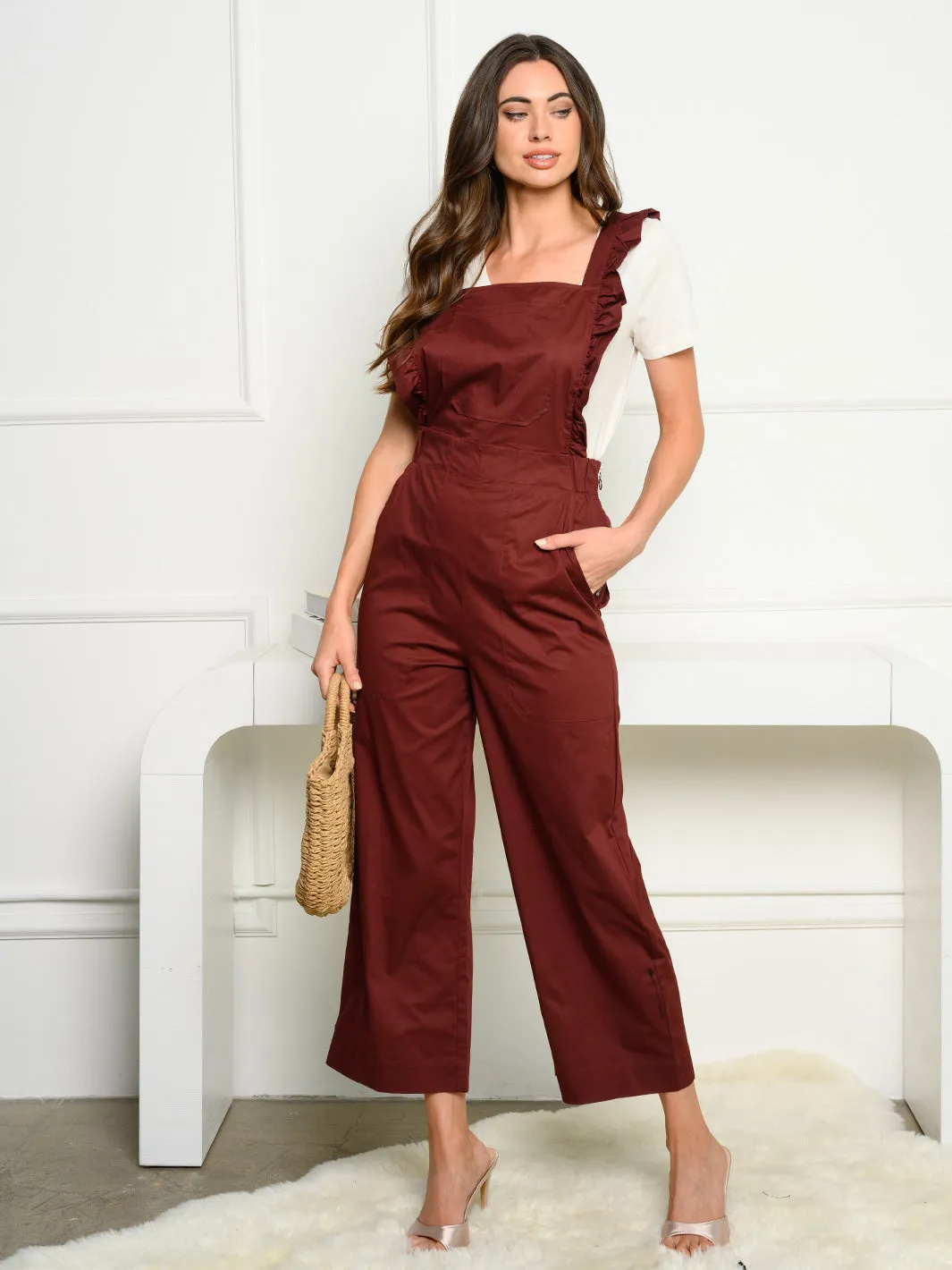 WOMEN'S SLEEVELESS RUFFLE POCKETS JUMPSUIT