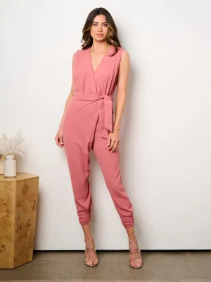 WOMEN'S SLEEVELESS SURPLICE SELF TIE POCKETS JUMPSUIT