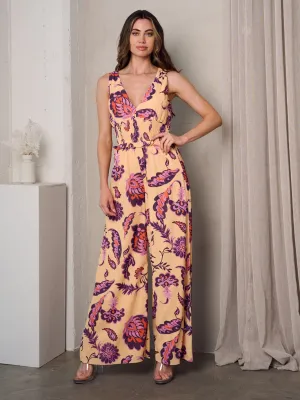 WOMEN'S SLEEVELESS V-NECK SMOCK WAIST FLORAL JUMPSUIT