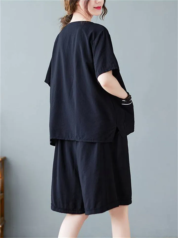 Women's V-Neck Patchwork Pocket Shirt Elastic Waist Shorts Set