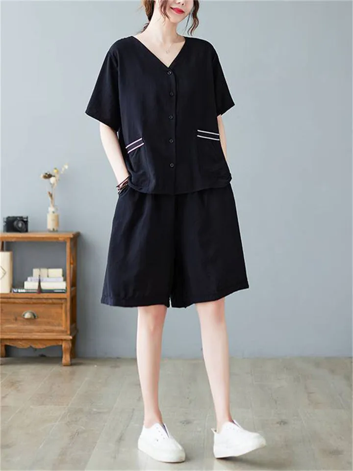 Women's V-Neck Patchwork Pocket Shirt Elastic Waist Shorts Set